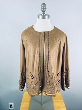 Chico's Tan Faux Suede Open Front Jacket Laser-Cut Eyelet Pattern Size Large (2)
